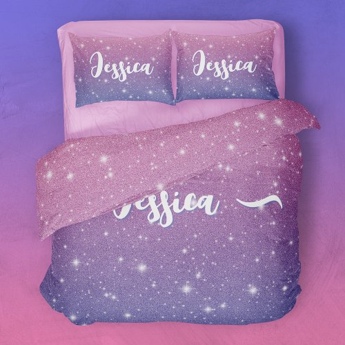 Cute Pink Purple Faux Glitter Sparkles Name Duvet Cover