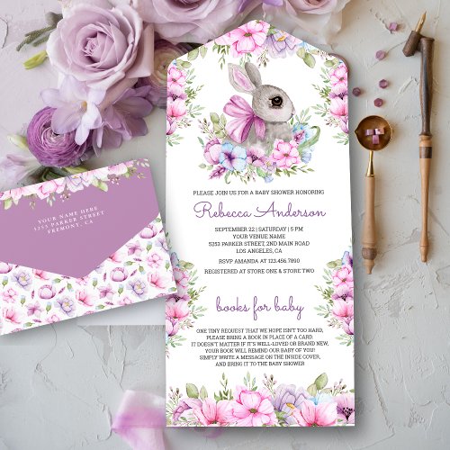 Cute Pink Purple Floral Bunny Baby Shower All In One Invitation