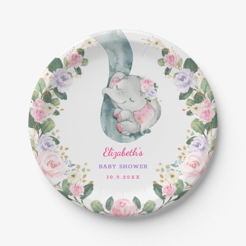 Cute Pink Purple Floral Elephant Girl Baby Shower Paper Plates