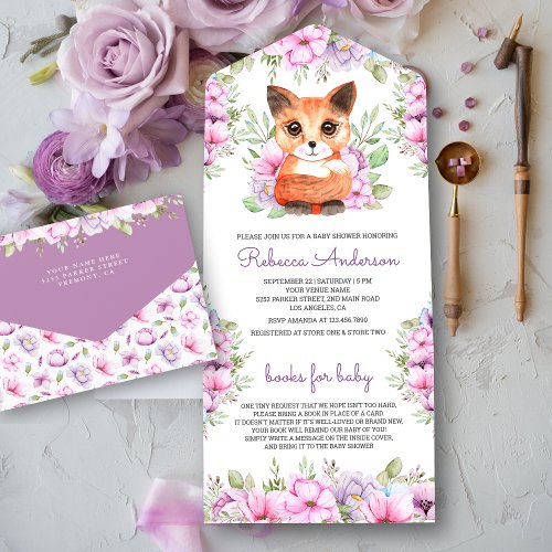 Cute Pink Purple Floral Kitten Baby Shower All In One Invitation