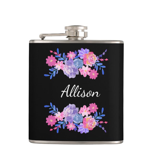 Cute Pink & Purple Floral Monogrammed Flask (Front)