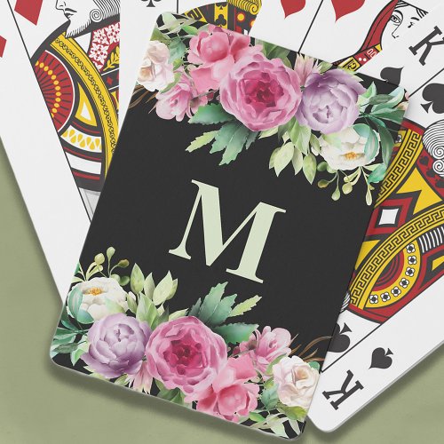 Cute Pink Purple Flowers Black Monogram Initial  Poker Cards