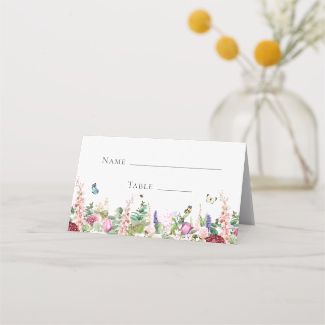 Cute Pink & Purple Flowers & Butterflies Place Card (Front)