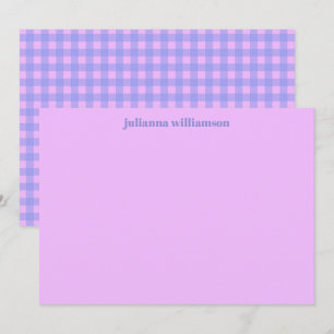 Cute Pink Purple Gingham Personalized Stationery Note Card