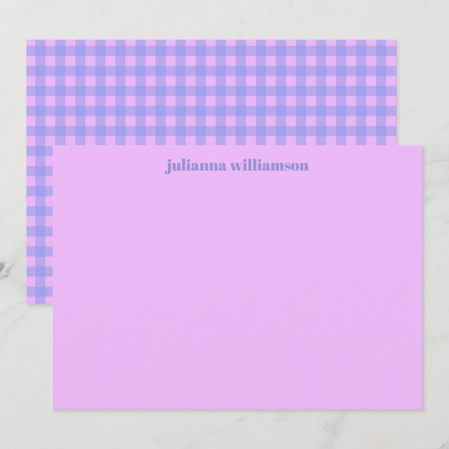 Cute Pink Purple Gingham Personalized Stationery Note Card (Front/Back)