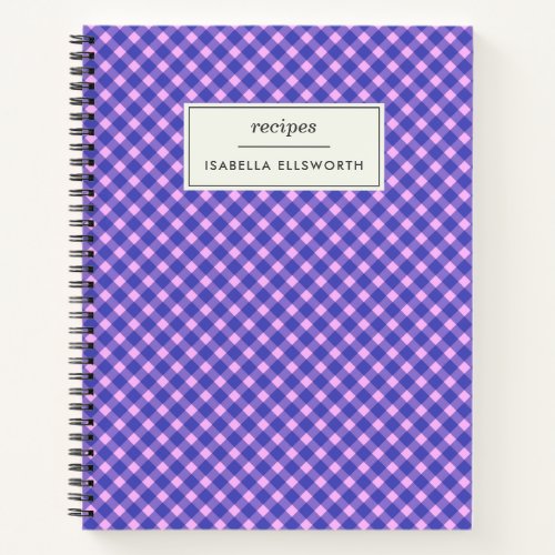 Cute Pink Purple Gingham Plaid Personalized Recipe Notebook