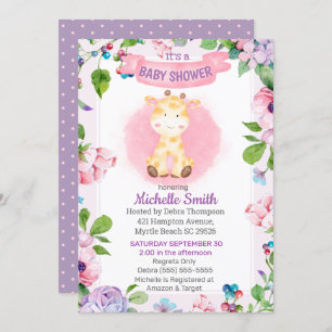 Cute Pink Purple Giraffe Floral Baby Shower Invitation
