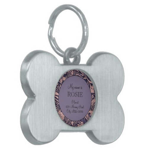Cute Pink Purple Girly Floral Elegant Text Pet ID Tag