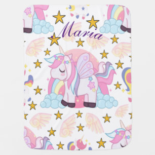 Cute Pink Purple Gold Unicorn Name Monogram Baby Blanket