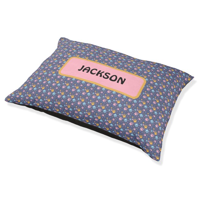 Cute Pink & Purple Hearts Paw Pattern Custom Name Pet Bed (Angled)
