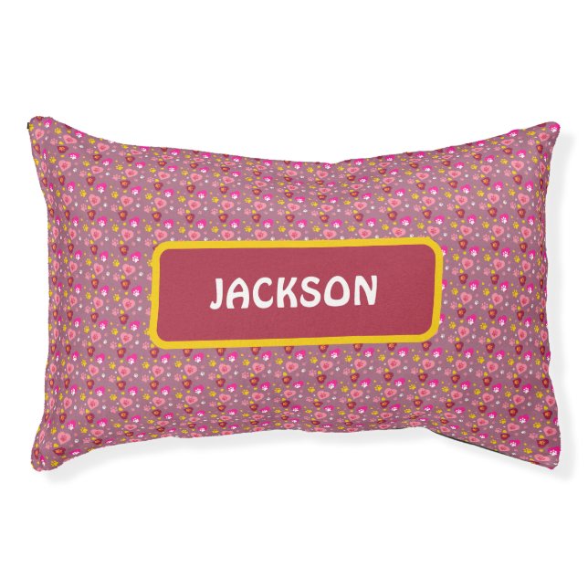 Cute Pink & Purple Hearts Paw Pattern Custom Name Pet Bed (Front)