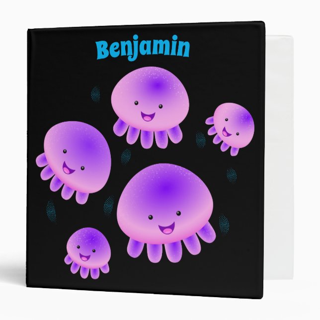 Cute pink purple jellyfish kawaii cartoon 3 ring binder (Front/Inside)