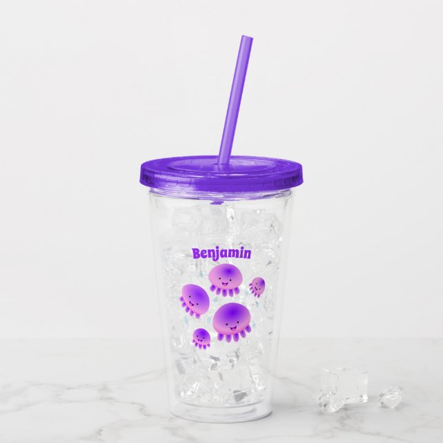 Cute pink purple jellyfish kawaii cartoon acrylic tumbler (Back Ice)