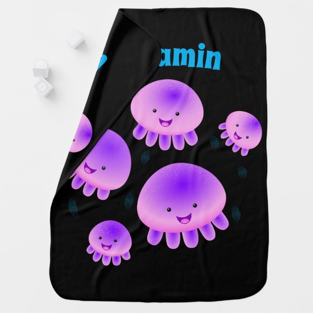 Cute pink purple jellyfish kawaii cartoon baby blanket (In Situ)