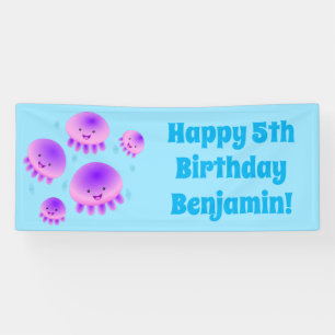 Cute pink purple jellyfish kawaii cartoon banner