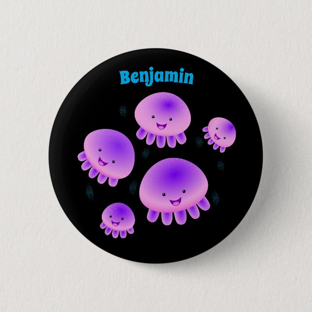 Cute pink purple jellyfish kawaii cartoon button (Front)