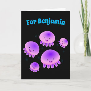 Cute pink purple jellyfish kawaii cartoon card