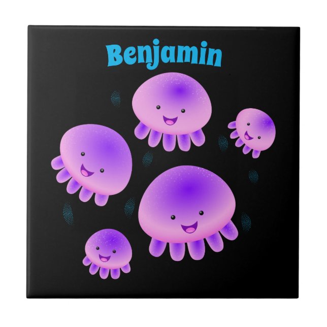 Cute pink purple jellyfish kawaii cartoon ceramic tile (Front)