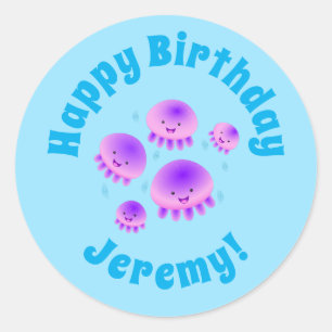 Cute pink purple jellyfish kawaii cartoon classic round sticker