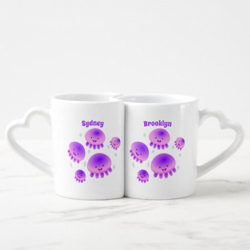 Cute pink purple jellyfish kawaii cartoon coffee mug set