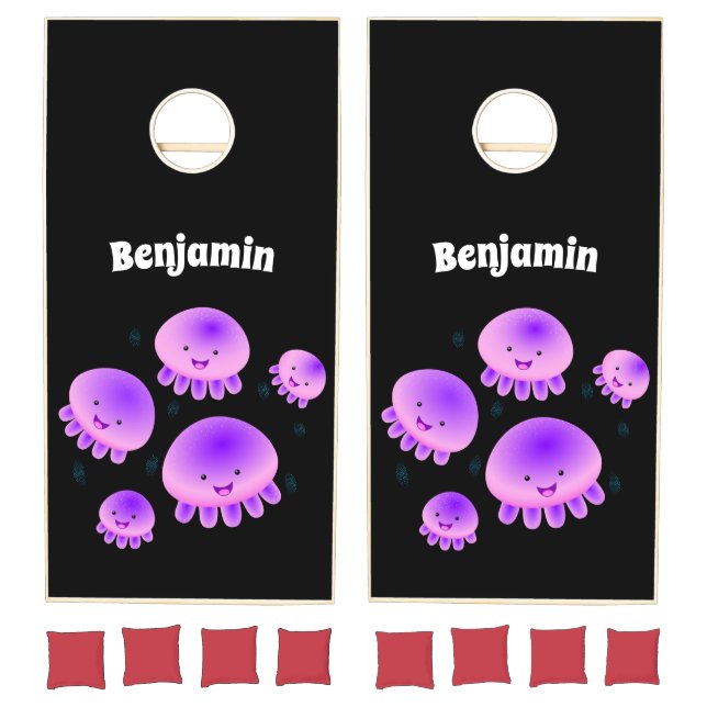 Cute pink purple jellyfish kawaii cartoon cornhole set (Set)