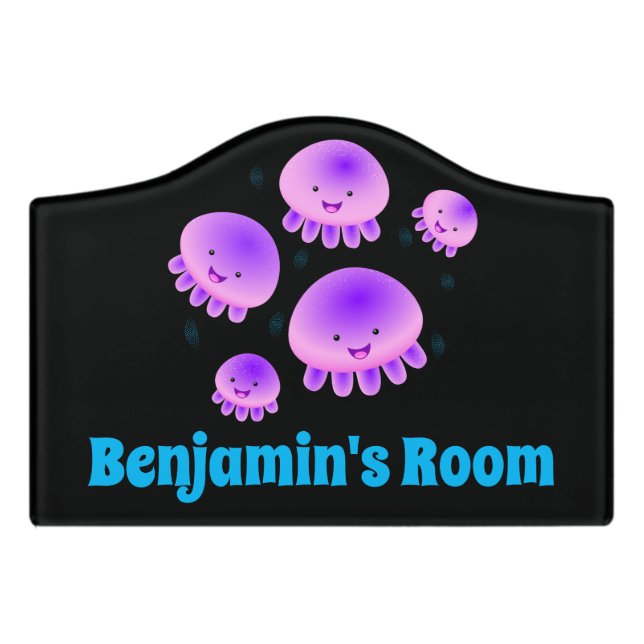 Cute pink purple jellyfish kawaii cartoon door sign (Small Crest Front)