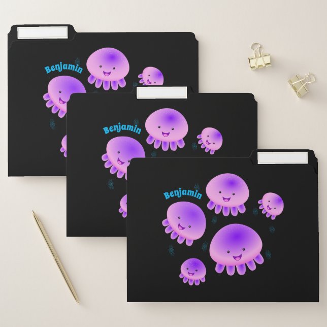 Cute pink purple jellyfish kawaii cartoon file folder (Set)