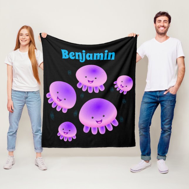 Cute pink purple jellyfish kawaii cartoon fleece blanket (In Situ)
