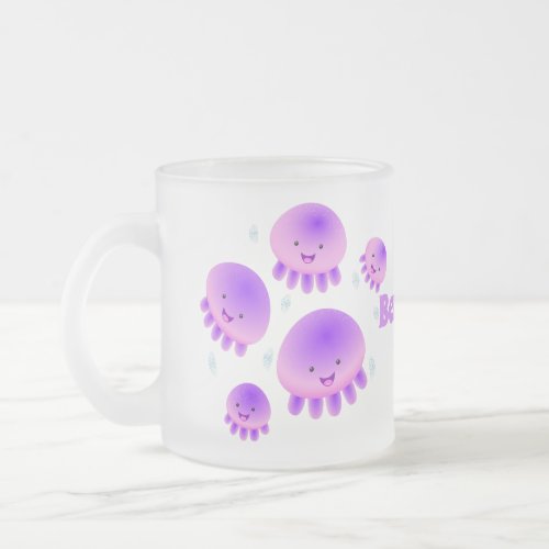 Cute pink purple jellyfish kawaii cartoon frosted glass coffee mug