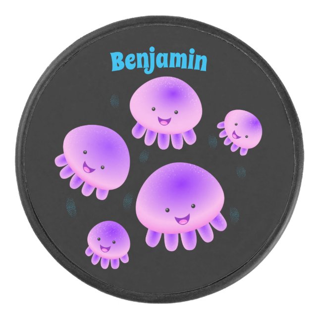 Cute pink purple jellyfish kawaii cartoon hockey puck (Front)