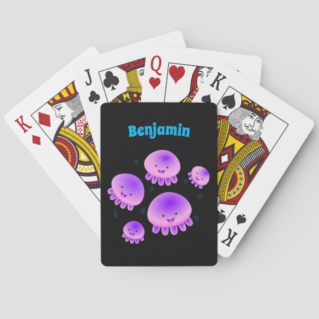 Cute pink purple jellyfish kawaii cartoon poker cards (Back)