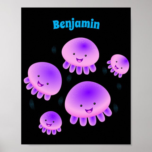 Cute pink purple jellyfish kawaii cartoon poster (Front)