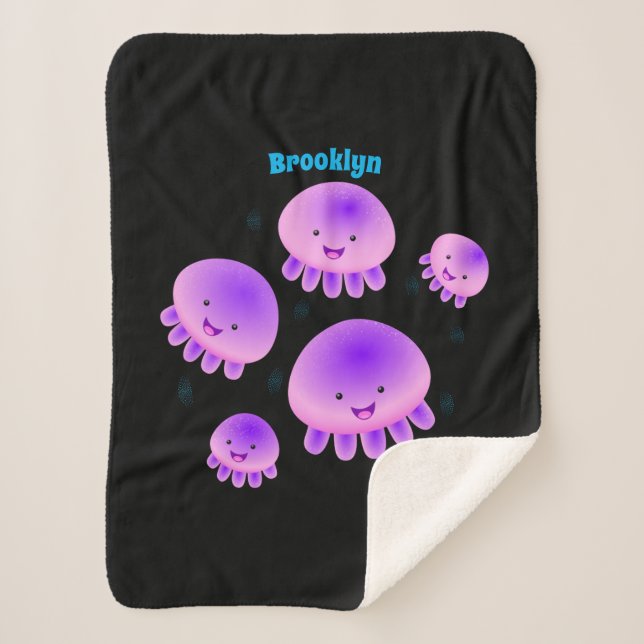 Cute pink purple jellyfish kawaii cartoon sherpa blanket (Front)