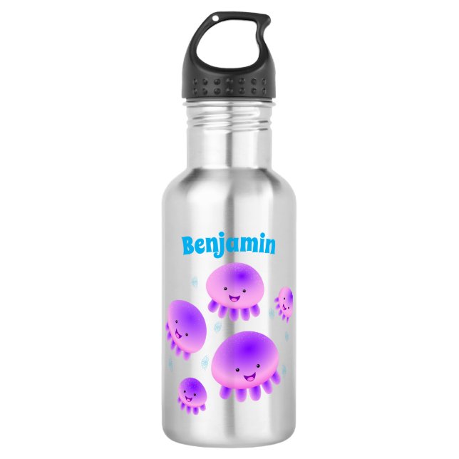 Cute pink purple jellyfish kawaii cartoon stainless steel water bottle (Front)