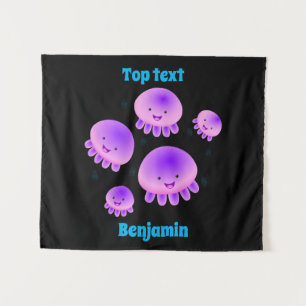 Cute pink purple jellyfish kawaii cartoon tapestry