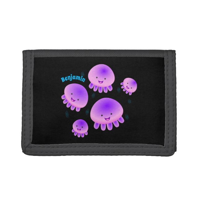 Cute pink purple jellyfish kawaii cartoon trifold wallet (Front)