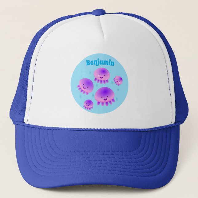 Cute pink purple jellyfish kawaii cartoon trucker hat (Front)