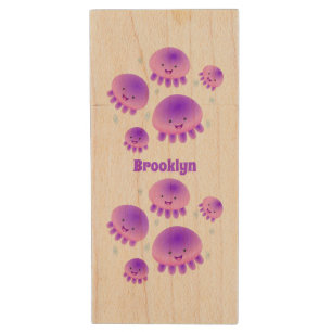 Cute pink purple jellyfish kawaii cartoon wood flash drive