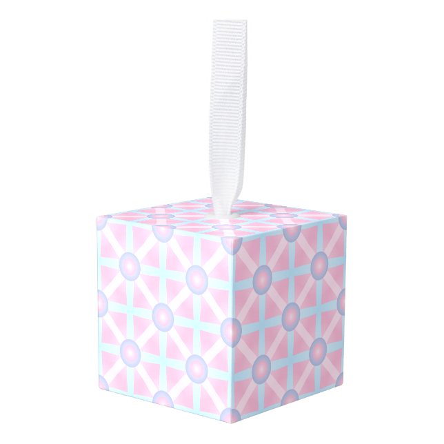 Cute Pink, Purple & Light Blue Pattern Cube Ornament (Front Angled)