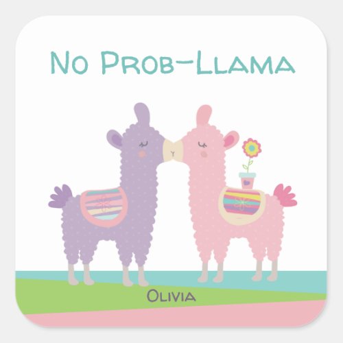Cute pink purple llama kissing kawaii girly school square sticker