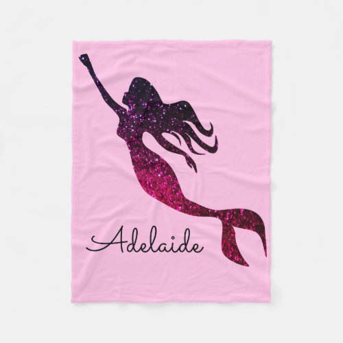 Cute Pink  Purple Mermaid  Personalized Add Name Fleece Blanket