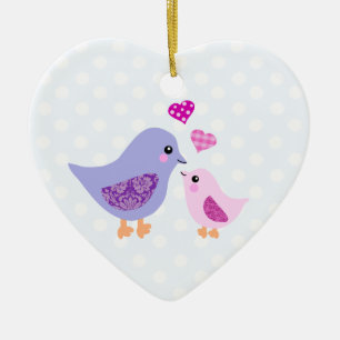 Cute pink & purple mother and child birds ceramic ornament