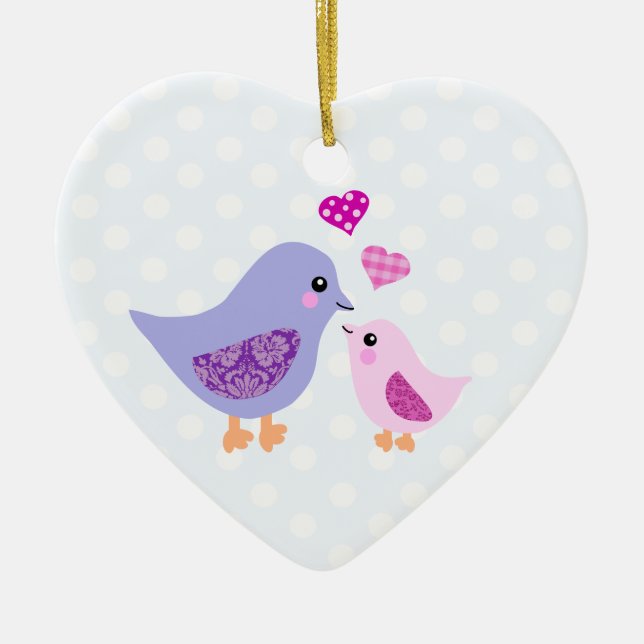 Cute pink & purple mother and child birds ceramic ornament (Front)
