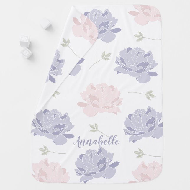 Cute Pink & Purple Peonies Pattern Personalized Baby Blanket (In Situ)