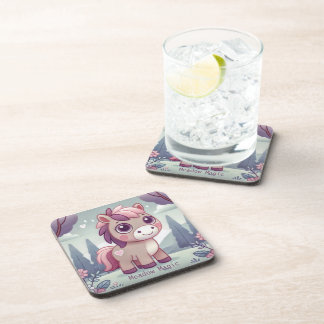 Cute Pink Purple Pony in Dreamy Meadow Beverage Coaster