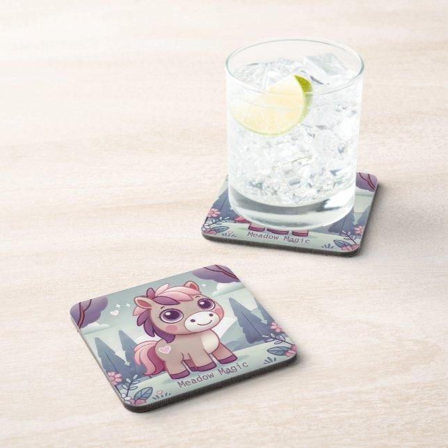 Cute Pink Purple Pony in Dreamy Meadow Beverage Coaster (Right Side)