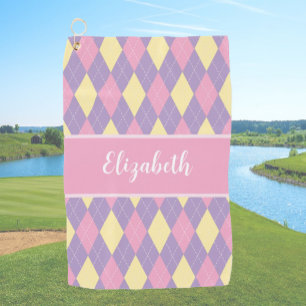 Cute pink purple preppy argyle custom name ladies golf towel