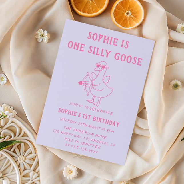 Cute Pink & Purple Silly Goose 1st Birthday Invitation (Creator Uploaded)