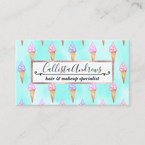 Cute Pink Purple Summer Ice Cream Cones Watercolor Business Card