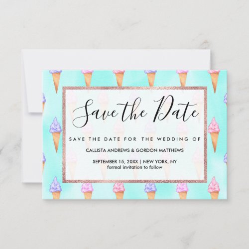 Cute Pink Purple Summer Ice Cream Cones Watercolor Save The Date